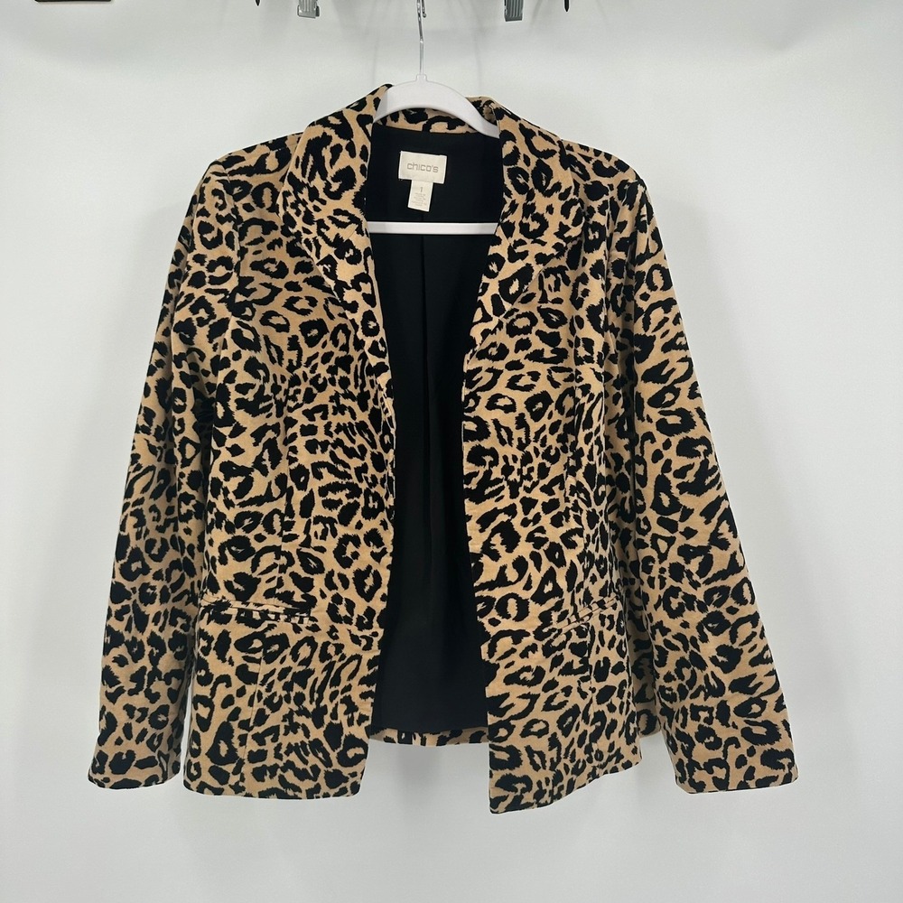 Chicos Womens Leopard Print Open Front Blazer Size 1 US M Jacket Bold Maximalist